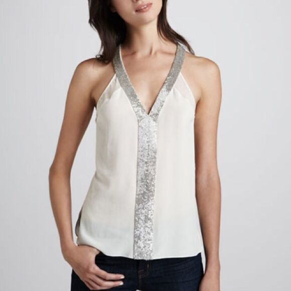 Robert RODRIGUEZ Silk Sleeveless Beaded V-Neck Tank Top Cream 6 - Picture 6 of 7